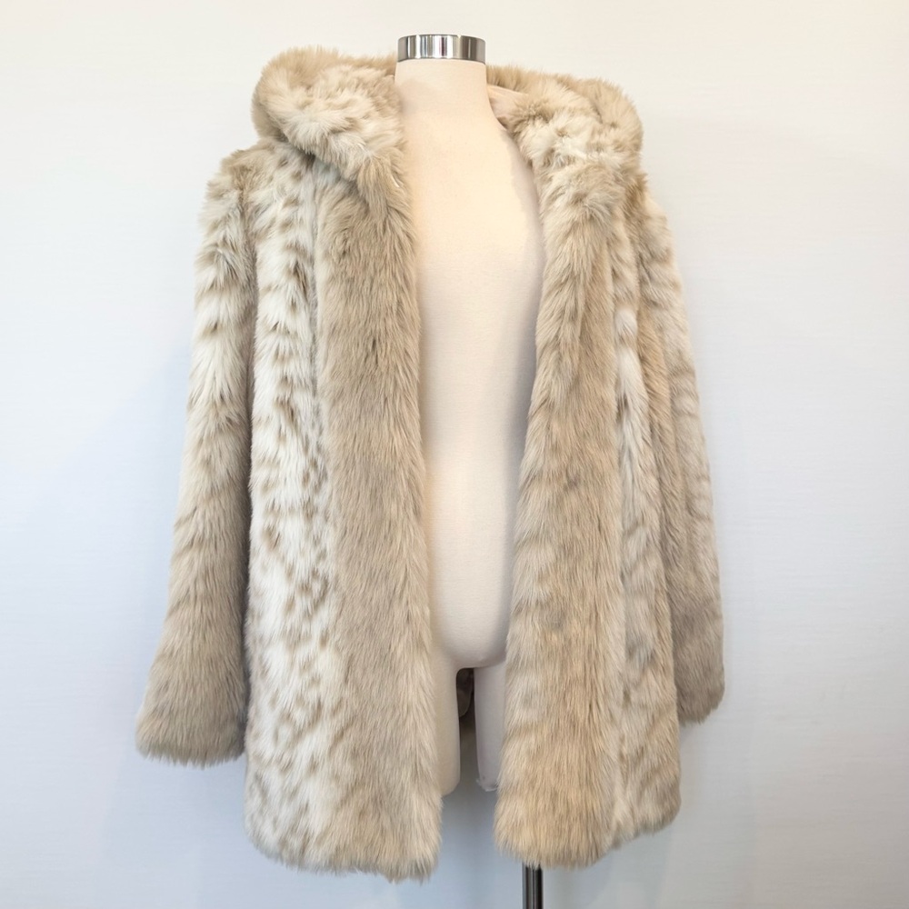 Vintage Snow Leopard Arctic Lynx Faux Fur Winter White Cream Hood Teddy Coat XL